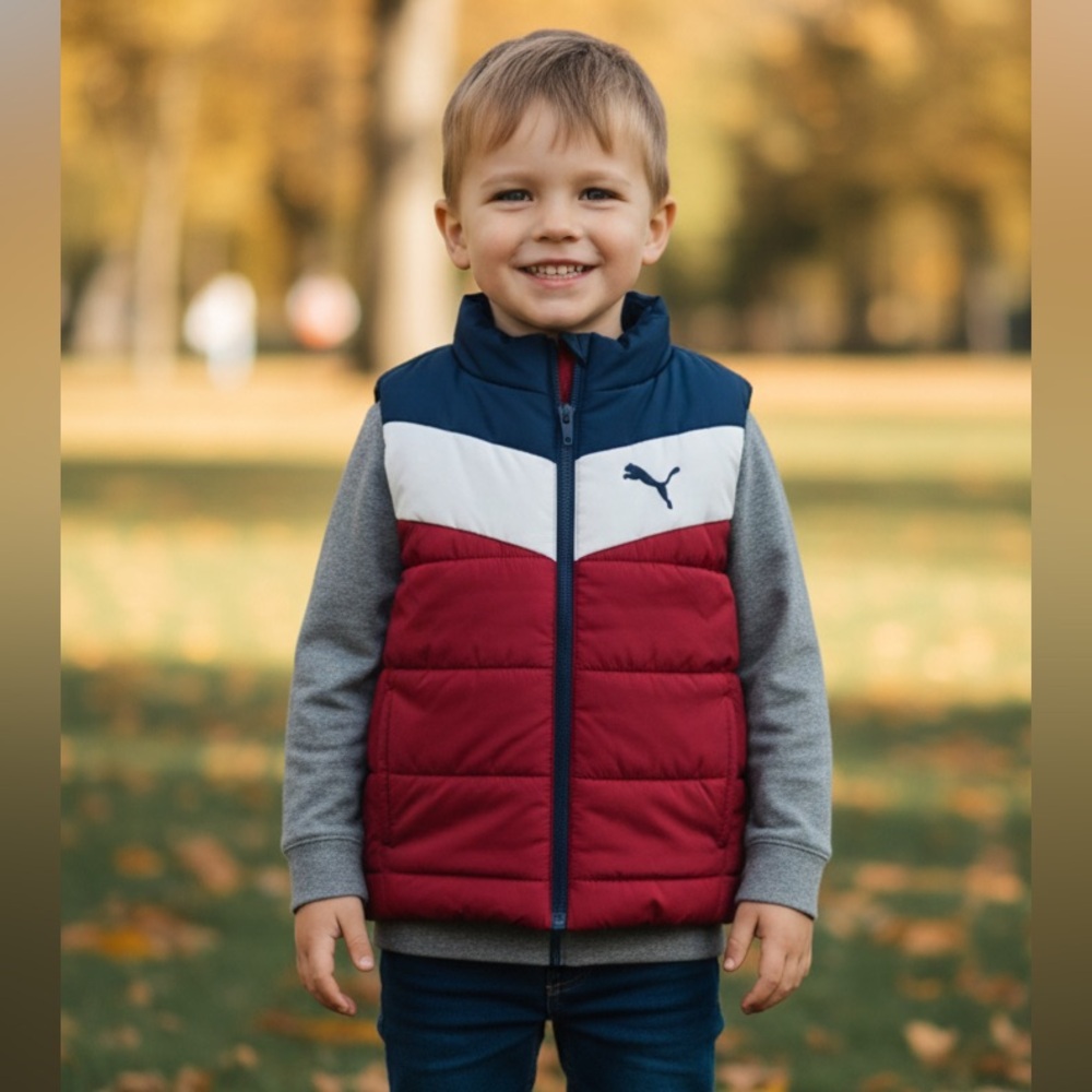 Puma Kids Puffer Vest - Burgundy, White, Gray